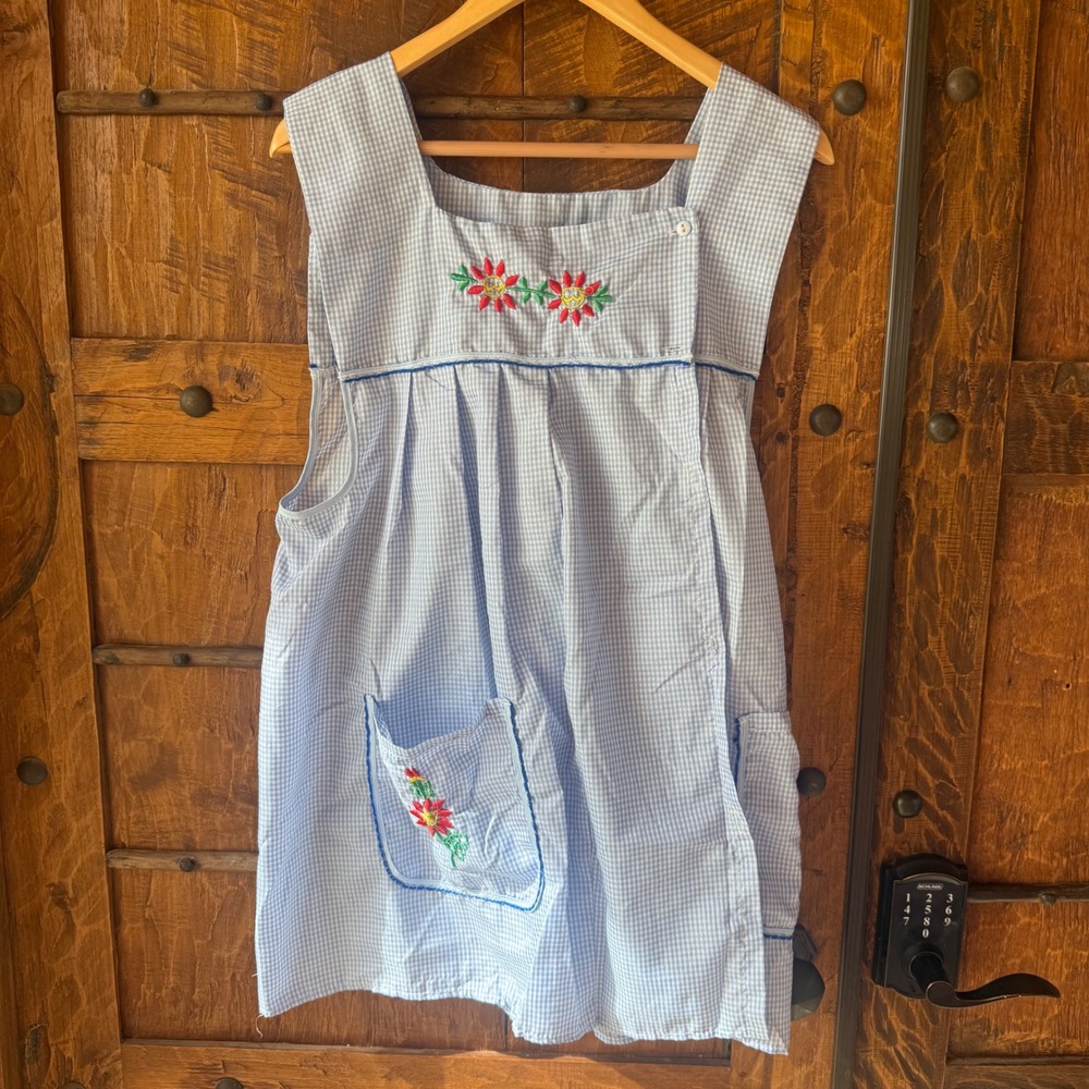 Gingham Apron Dress M Blue Floral Embroidered Smock Vintage Coquette Farmcore